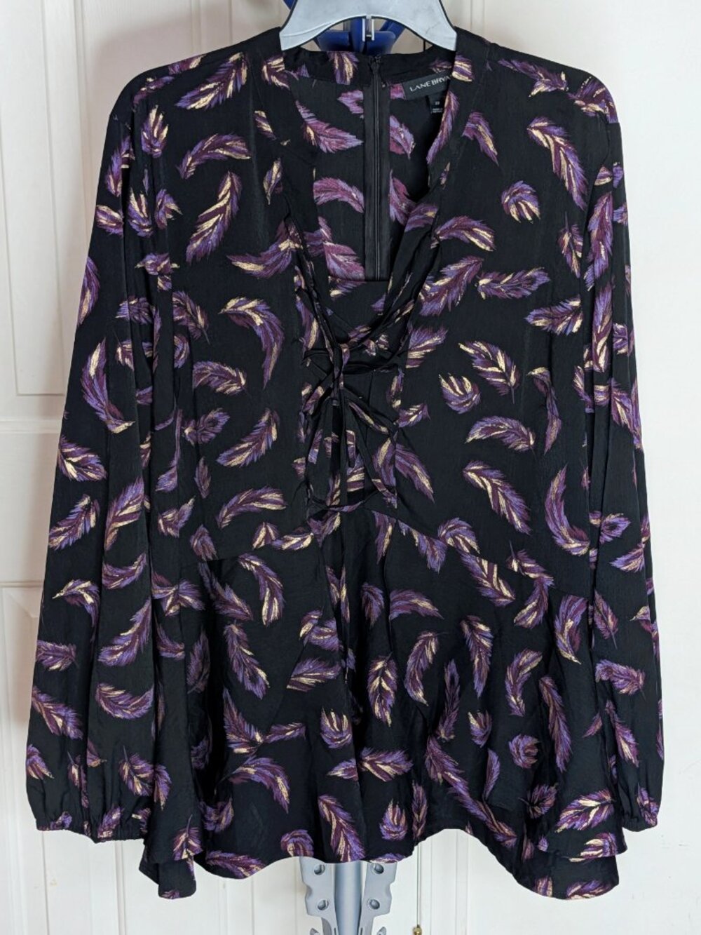 LANE BRYANT Sz 22 2X Black & Purple Feather Print Goth Cottagecore Peasant Top